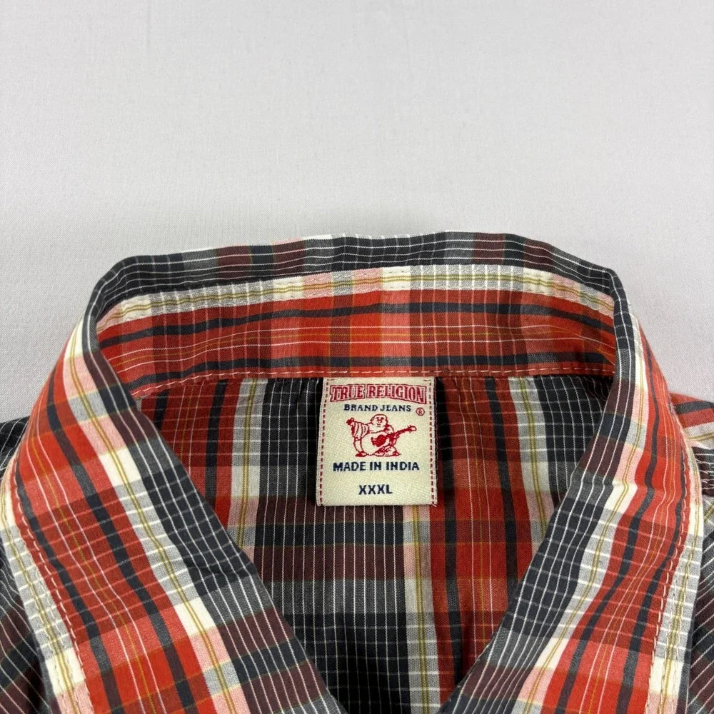True Religion Western Shirt Mens 3XL Orange Plaid Pearl Snap Up Long Sleeve‎ NEW